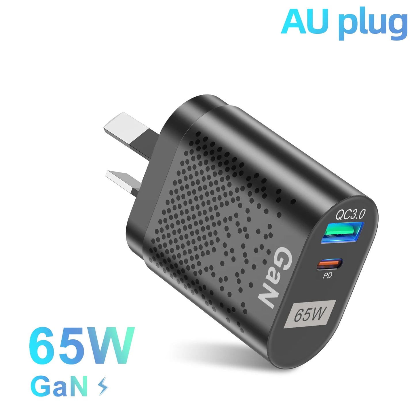 65W Gan Charger for Australia New Zealand AU Plug PD 33W Fast Charger QC 3.0 USB Adapter for iPhone 15 14 13 Pro Max Samsung S23