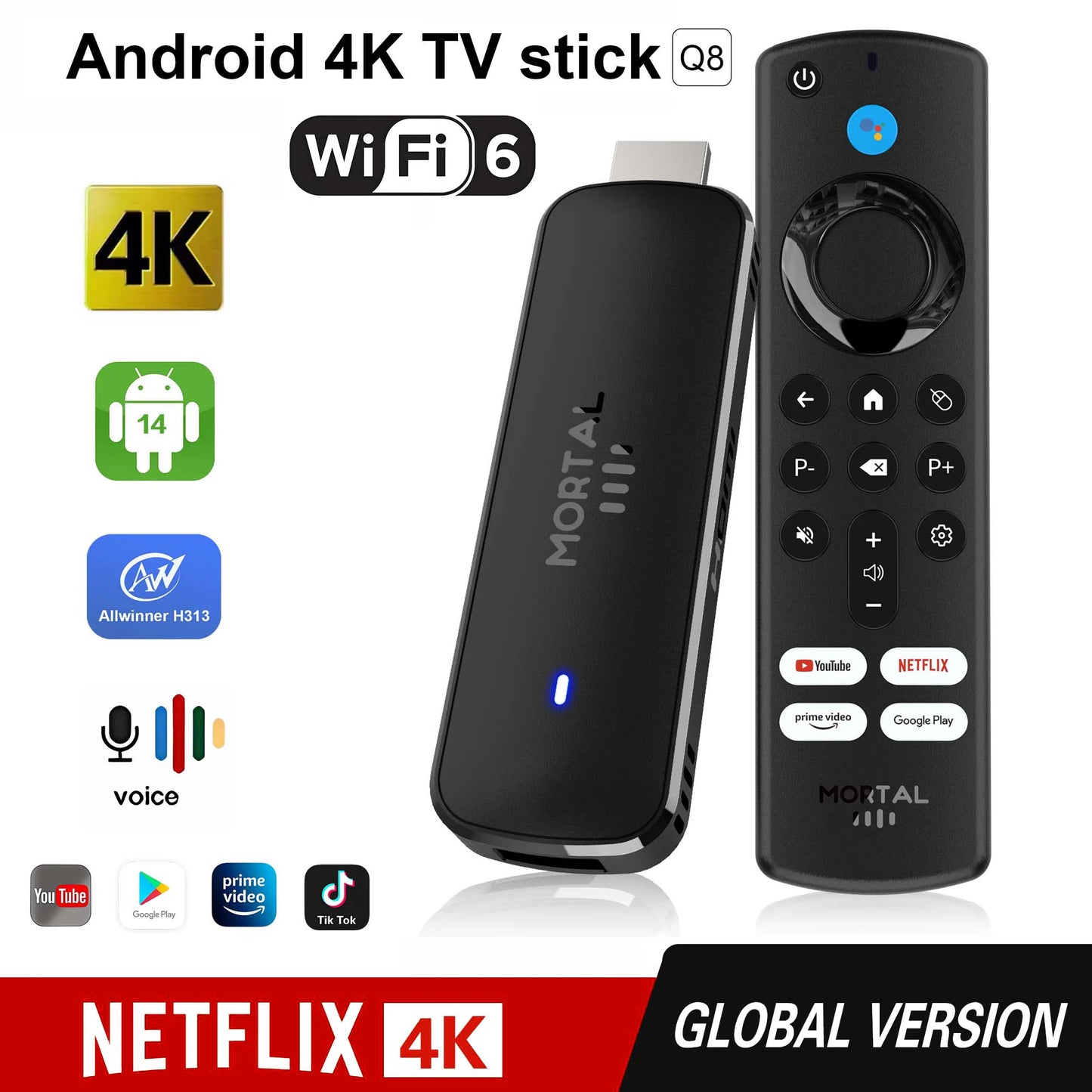Android14 TV Stick  Mortal Q8 Global Version  Allwinner H313 Chip Wifi6 Voice Remote 8K 4K@60fps YouTube Stream TV stick 2G8G16G