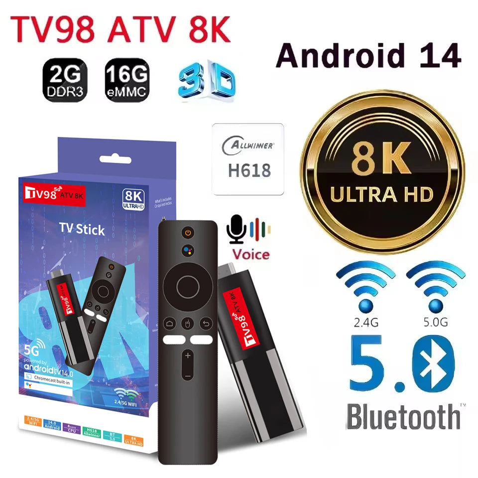 TV98 ATV 8K Mini TV Stick Android 14 Allwinner H618 Quad Core Cortex A53 Support 8K 4K Wifi 6 BT 5.0 Voice Remote Smart TV Box