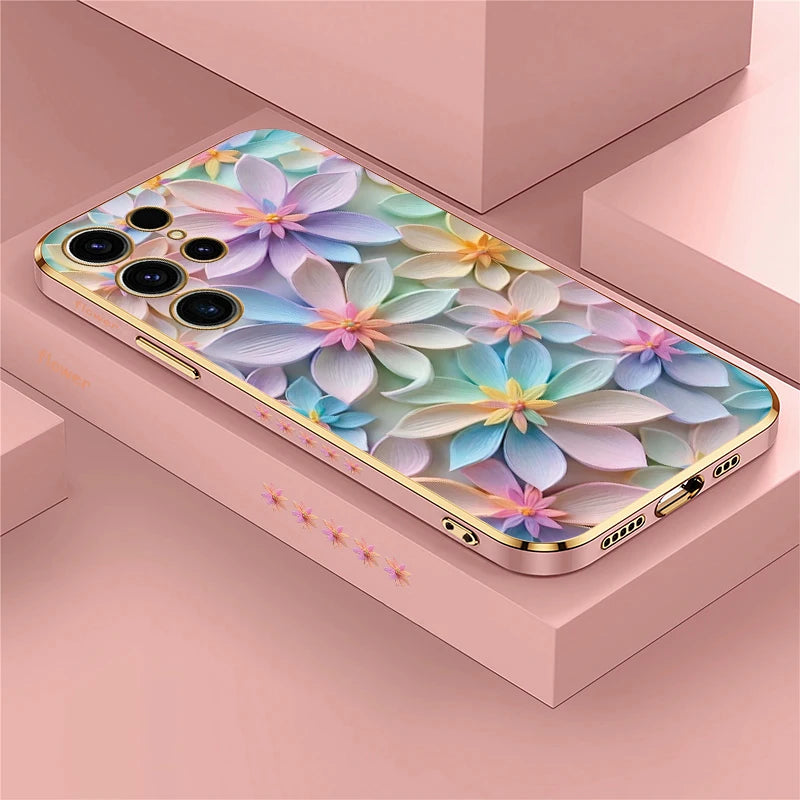 S25 Ultra Soft Silicone Case For Samsung Galaxy S22 S21 S25 Plus S24 FE S24 Plus Shockproof Flower Pattern Plating Cover