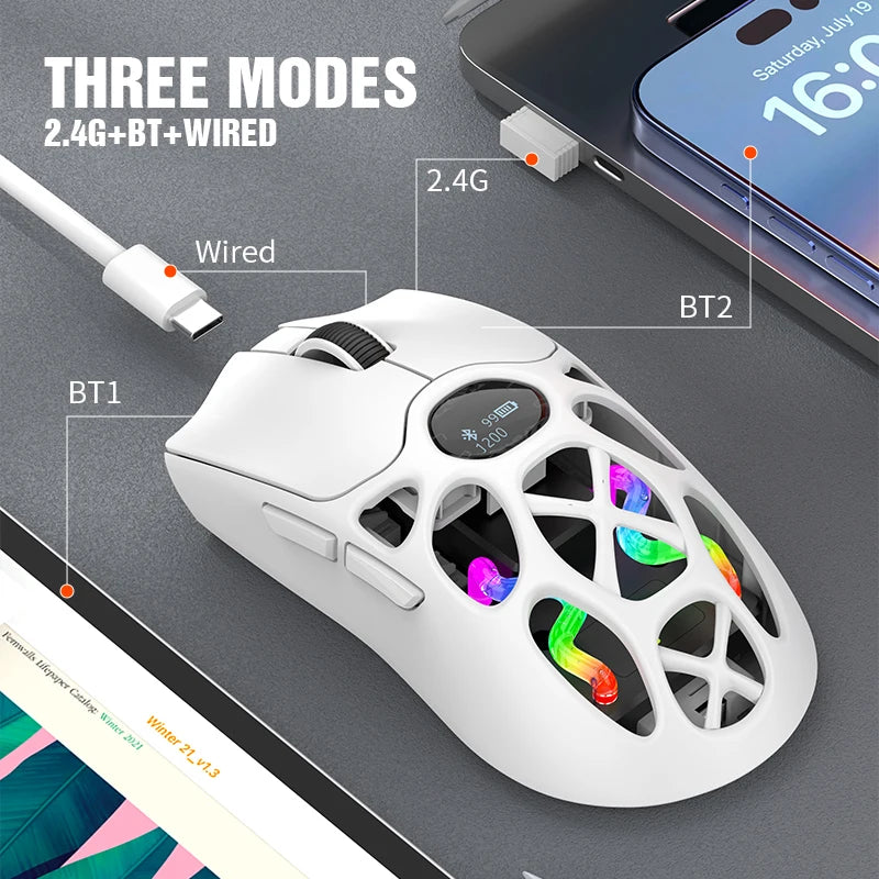 XUNFOX H16PRO Mouse, lightweight S205, three-mode wireless Bluetooth mouse for gaming, charging, RGB lighting, suitable for P