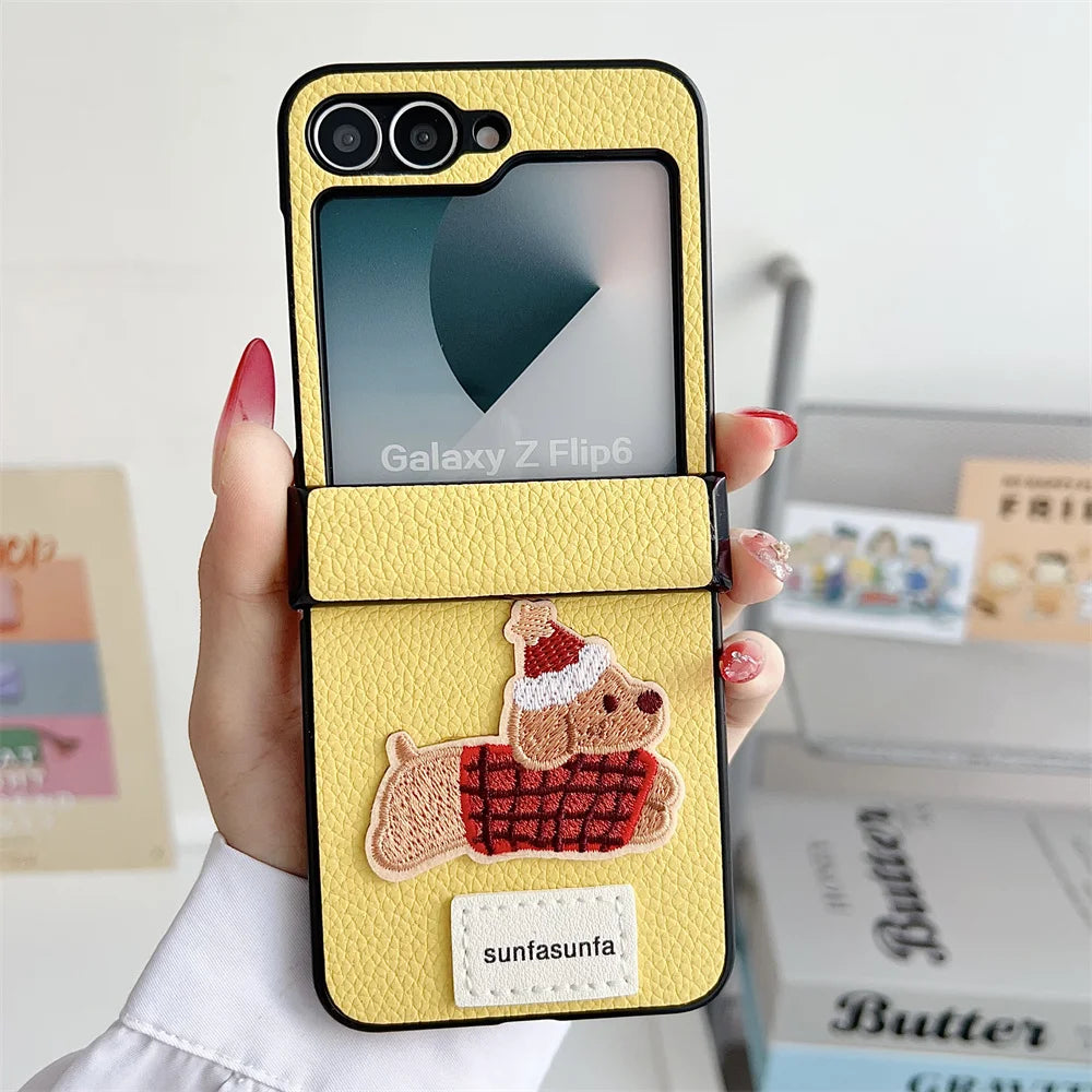 Cartoon PU Leather Shockproof Phone Case for Samsung Galaxy Z Flip 6 5 4 3 Flip6 Flip5 Flip4 Flip3 5G Hinge Protective Cover
