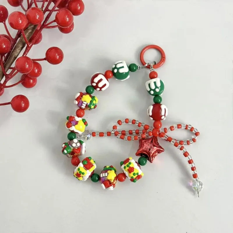 Christmas Mobile Phone Lanyard Cake Hand-painted Creative Beaded Mobile Phone Chain Car Keychain Pendant Earphone Accessories