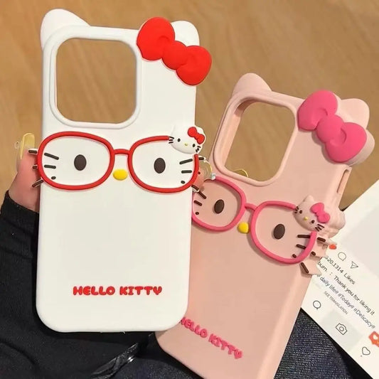 Hello Kitty 3D Glasses Cat Silicone Phone Case for IPhone 17 Pro Max 16 15 Plus 14 13 Mini 12 11 4 4S 5 5S 7 8 SE
