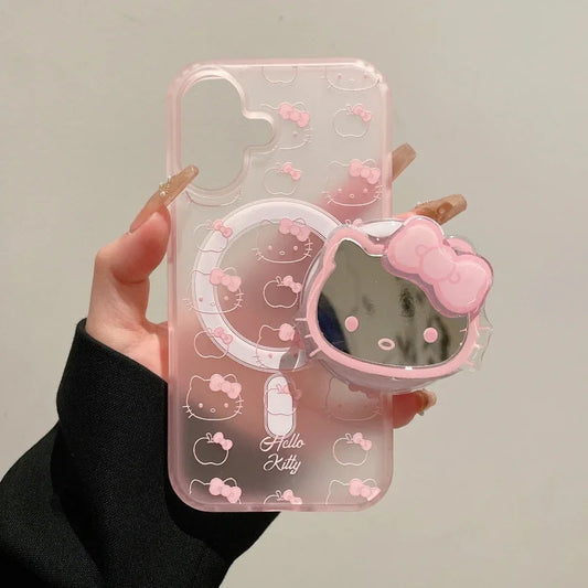Cute Sanrio Hello Kitty Magnetic Magsafe Wireless Charge Phone Case For iPhone 17 16 15 14 13 Pro Max  Mirror Grip Holder Cover
