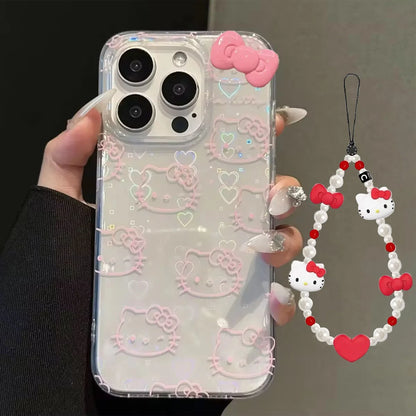 Lovely Hello Kitty Bow Kawaii Holder Phone Case For iPhone 16 15 14 12 13 11 Pro Max XR XS MAX 7 8 PLUS MINI Y2K Bow Laser Cover