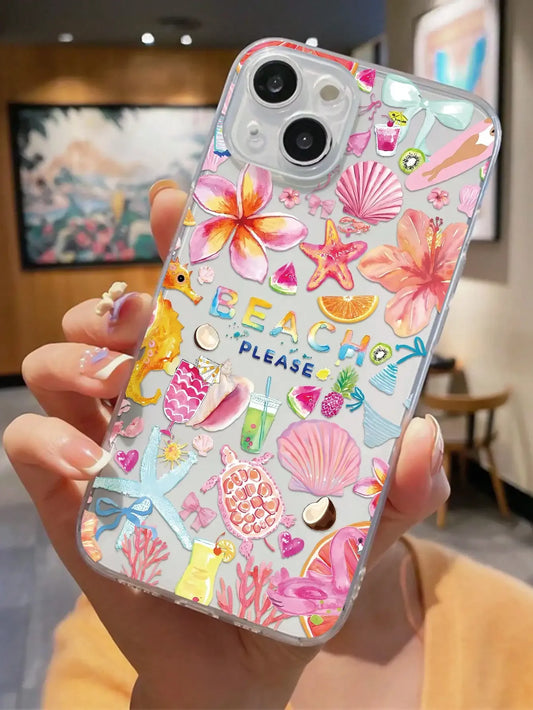 Tropical Summer Beach Clear Case for iPhone 16 12 13 mini 11 14 15 Pro Max XR 8 Plus Seashell Hibiscus Fruit Soft Silicone Cover