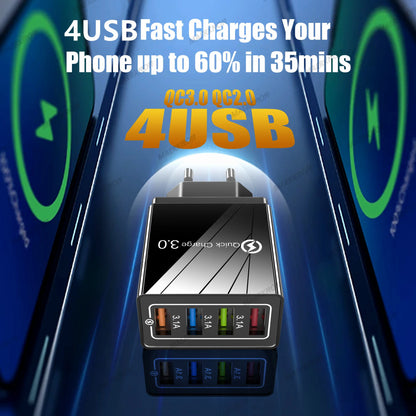 3A USB Charger 4 Ports USB Quick Charge 3.0 EU US Plug For iPhone Samsung Xiaomi Poco Fast Charging Mobile Phone Charger Adapter