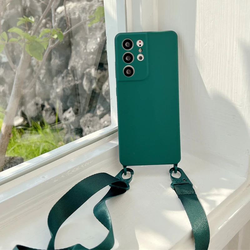 Crossbody Lanyard Necklace Case For Samsung Galaxy A32 A22 A12 A52 S21 S20 FE S22 S23 Ultra Plus Soft Silicone Cord Strap Cover