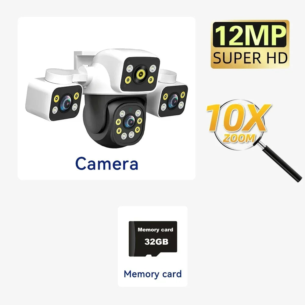 6K 12MP Outdoor WiFi Camera Three Screen Three Lens 10X Zoom PTZ Automatic Tracking Audible Visual Alarm Security Cam