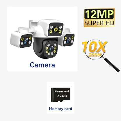 6K 12MP Outdoor WiFi Camera Three Screen Three Lens 10X Zoom PTZ Automatic Tracking Audible Visual Alarm Security Cam