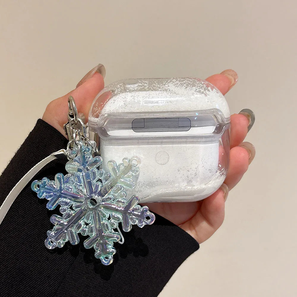 Dreamy Snowflake Quicksand Christmas Case For AirPods 4 ANC for Apple AirPods 1 2 3 Pro Pro2 Hard Earphone Cover with Keychain