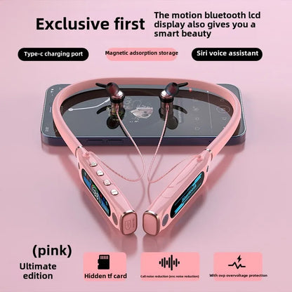 Neck-hanging outdoor sports Bluetooth headset Hidden TF card LCD digital display Long battery life Large capacity battery headse