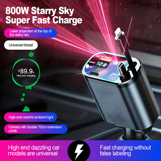 5 in 1 Retractable Car Charger with USB C Cable Roof Starlight Car Charger Adapter Compatible for iPhone Huawei Samsung