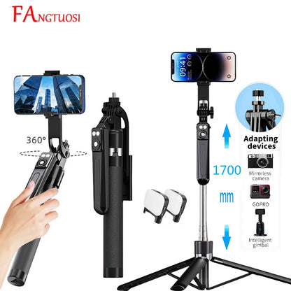 FANGTUOSI 2025 new Expandable Phone Tripod stand Selfie Stick With fill light With Detachable BT Wireless Remote for smartphone