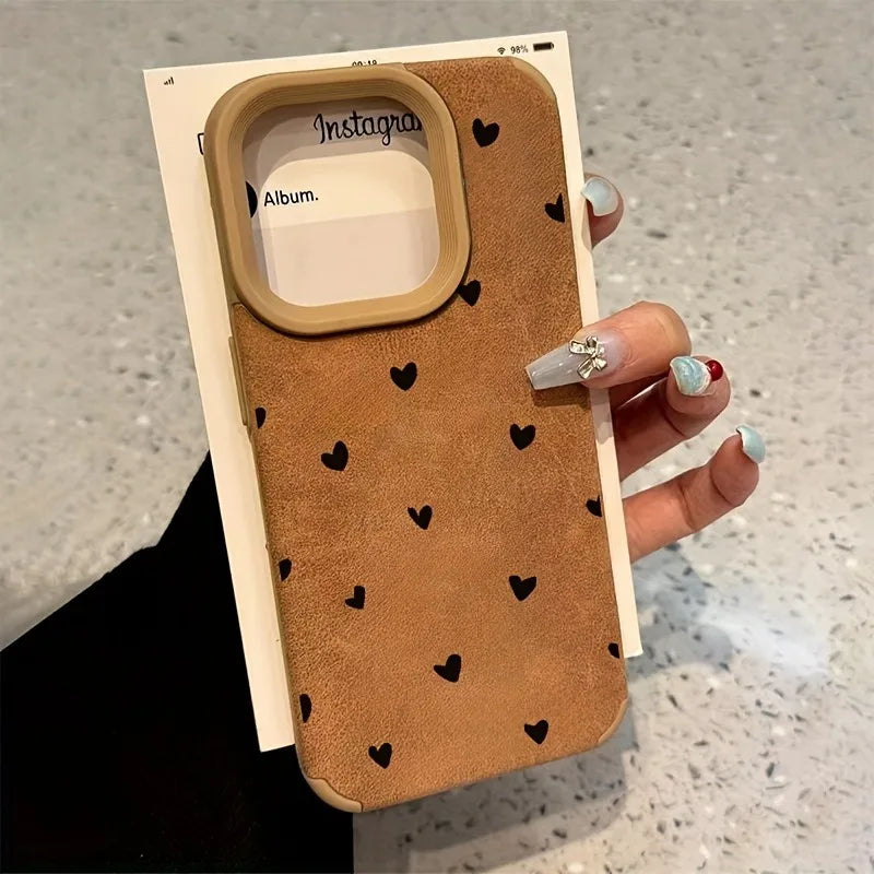 Small Love Heart Luxury Matte Lambskin Faux Leather Phone Case For iPhone 17 16 Pro Max 15 14 13 12 11 XS Max XR X 16 Plus Cover