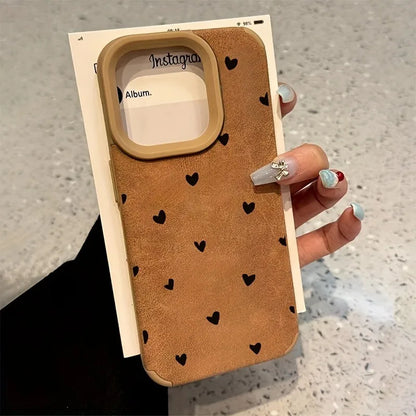 Small Love Heart Luxury Matte Lambskin Faux Leather Phone Case For iPhone 17 16 Pro Max 15 14 13 12 11 XS Max XR X 16 Plus Cover