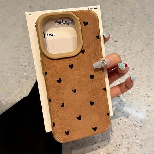 Small Love Heart Luxury Matte Lambskin Faux Leather Phone Case For iPhone 17 16 Pro Max 15 14 13 12 11 XS Max XR X 16 Plus Cover