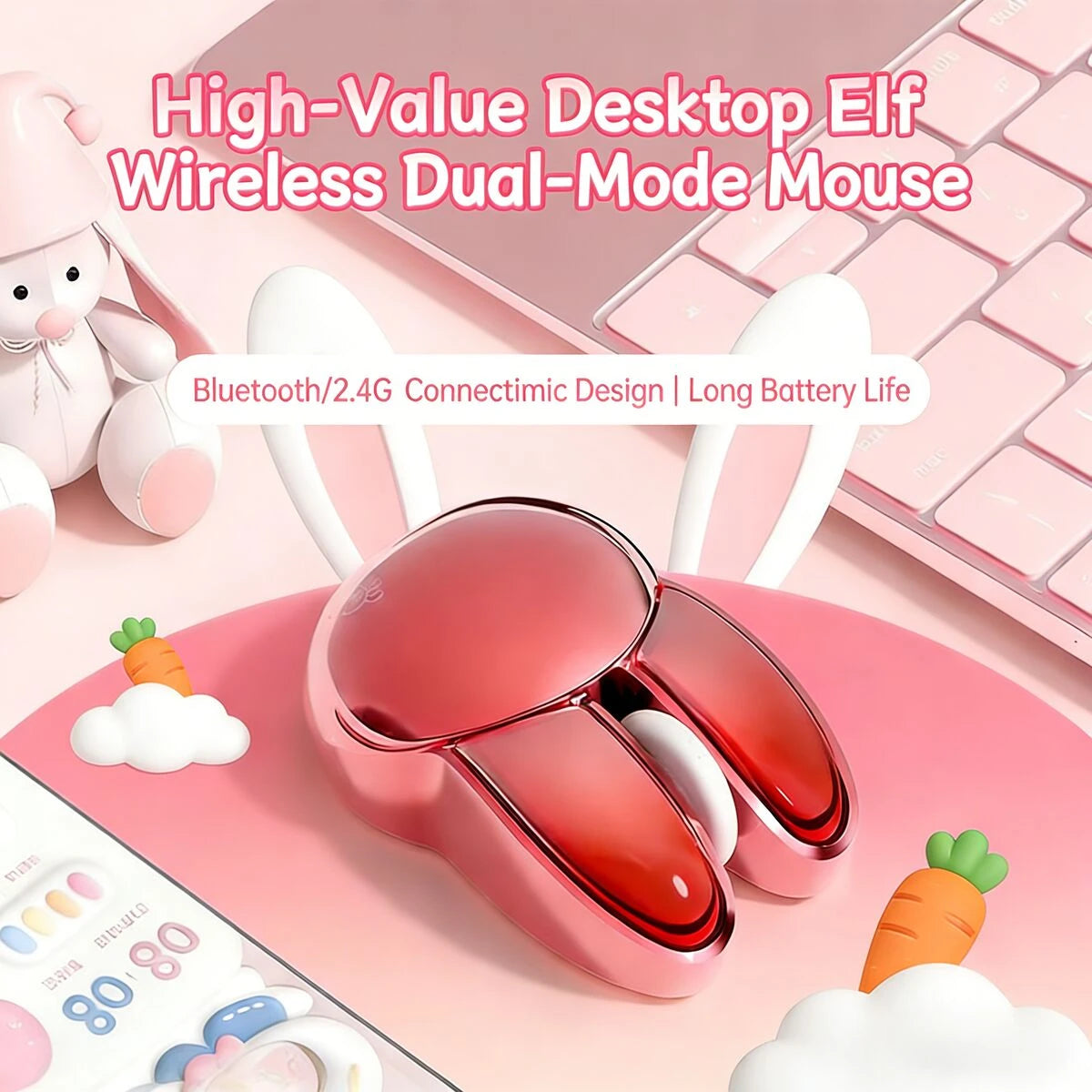 Cute Rabbit Ear Shape Dual-Mode Mouse 2.4G+Bluetooth Lightweight Mute Ergonomic Plating Portable Mice For PC Laptop Office Home