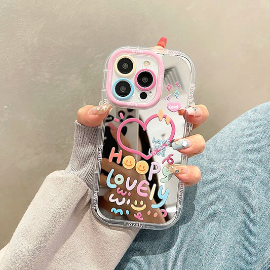 Cute Happy Lovely Love Heart Colorful With Mirror Phone Case For iPhone 11 12 13 14 15 16 17 Pro Max Air Shockproof Back Cover