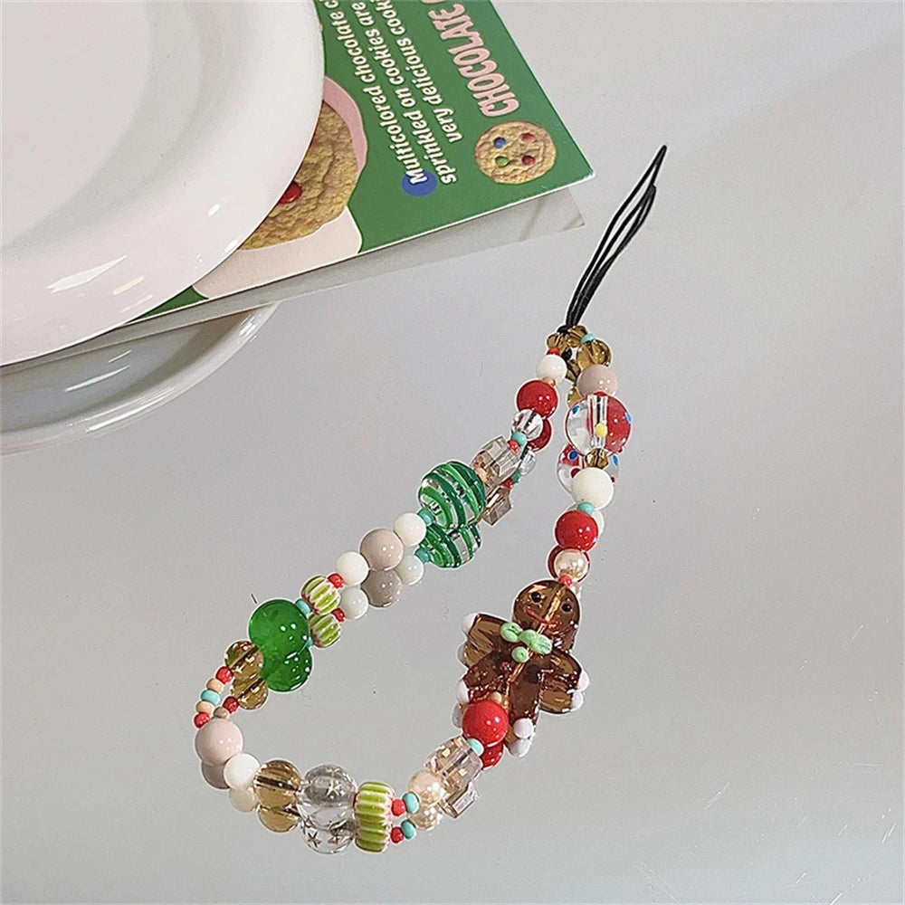Korean Cute 3D Christmas Gingerbread Man Beaded Phone Acrylic Pendant Keychain For iPhone Girl Anti-Lost Chain Hanging Jewelry