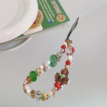 Korean Cute 3D Christmas Gingerbread Man Beaded Phone Acrylic Pendant Keychain For iPhone Girl Anti-Lost Chain Hanging Jewelry