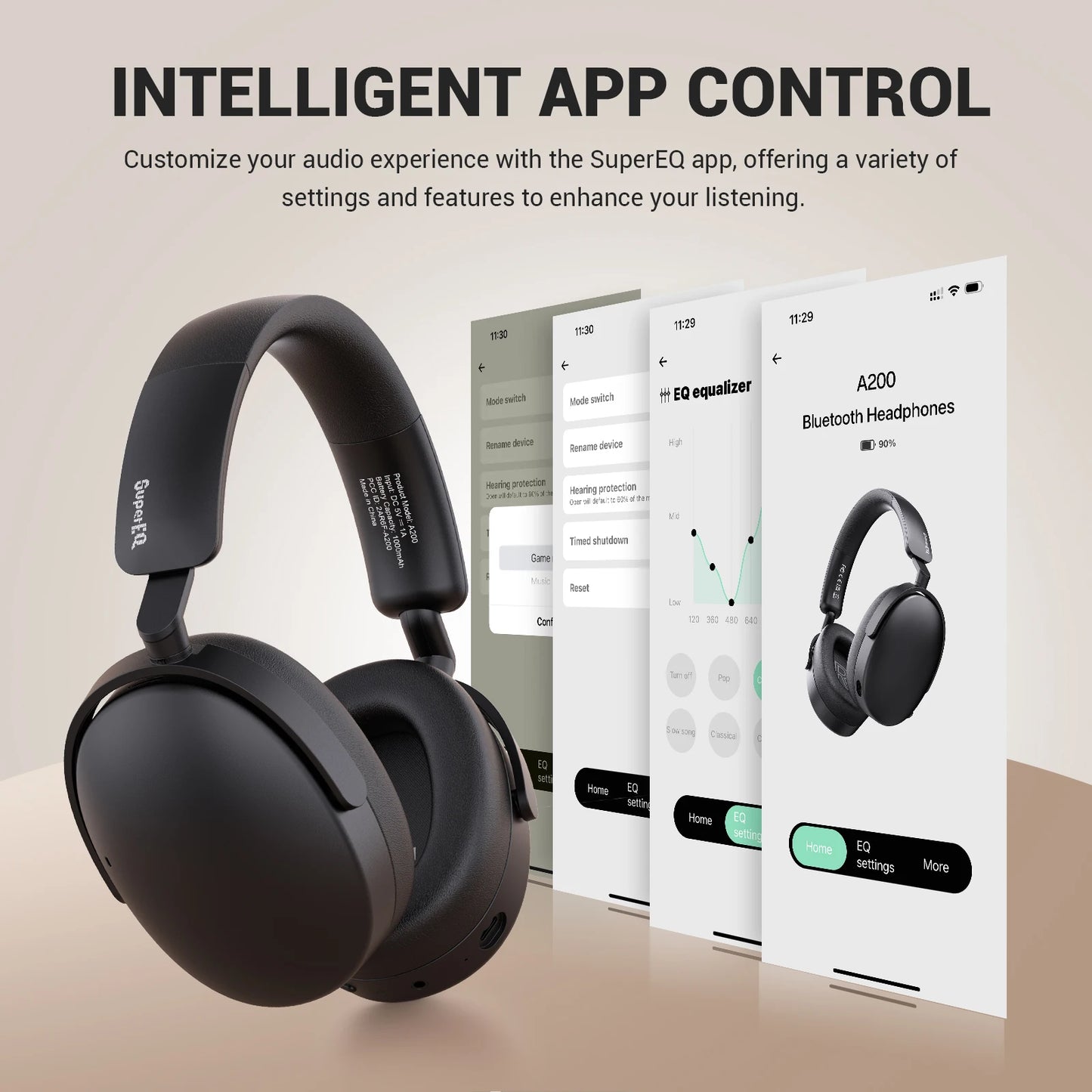OneOdio SuperEQ A200 Wireless Noise Cancelling Headphones 38dB ANC Over-Ear Bluetooth Headset 6 ENC MIC 100H Play Time
