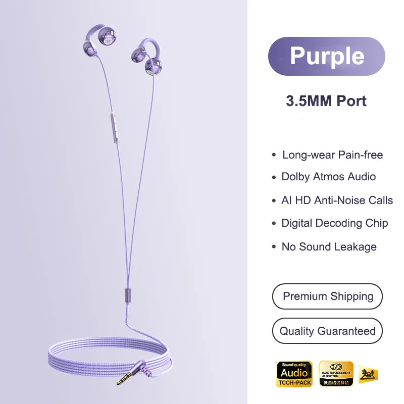 NEW Clip-on Type C&3.5mm Wired Headphones HIFI Sound Sports Earbuds Handfree Gaming Headsets With HD Mic Earphones For Samsung