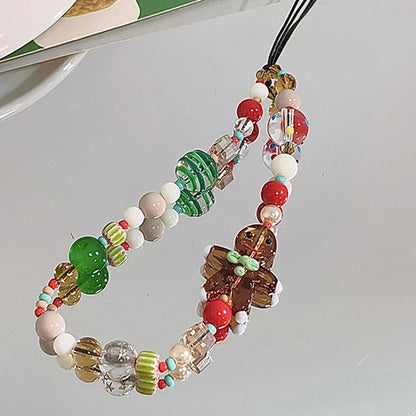 Korean Cute 3D Christmas Gingerbread Man Beaded Phone Acrylic Pendant Keychain For iPhone Girl Anti-Lost Chain Hanging Jewelry