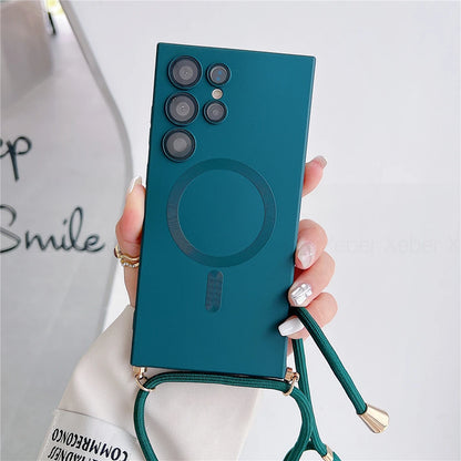 Lanyard Crossbody Necklace Magnetic Charge Case For Samsung S25 S24 S23 Ultra S22 S21 Plus S20FE Note 20 Matte Cover For Magsafe