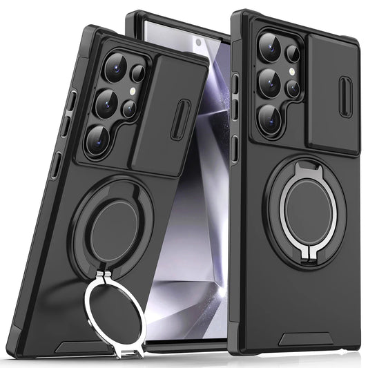 Armor Magnetic Bracket Case For Samsung Galaxy S25 S24 S23 S22 S21 Ultra Plus With Lanyard Slide Camera Protect Shockproof Cover