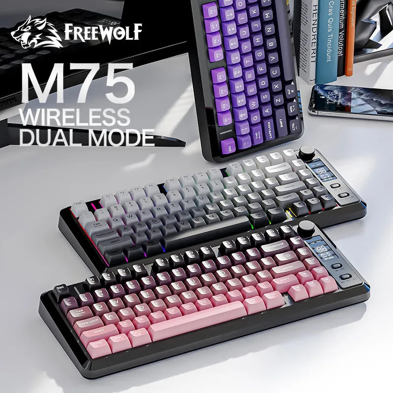 FREE WOLF M75 82-Key Compact Wireless Gaming Keyboard - Dual Mode (Bluetooth/2.4G) RGB Backlit OLED Display Large Battery