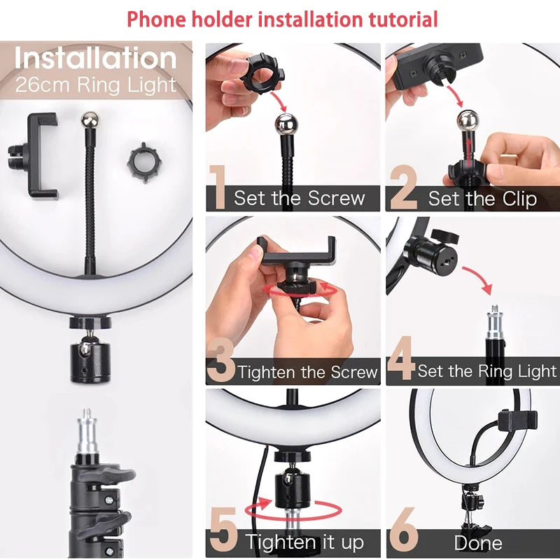 LED Selfie Ring Light 3 modes Dimmable Photography Lamp with 50cm Tripod Remote control For Phone Video Live Makeup Fill Light