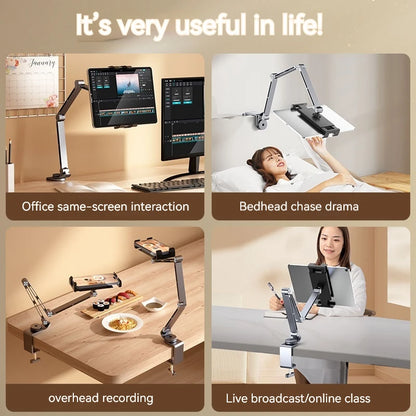 Aluminum Alloy Tablet Holder Stand Phone Clip Holder Rotatable Cantilever Home Live Desktop Holder Folding Bracket for Ipad Pro