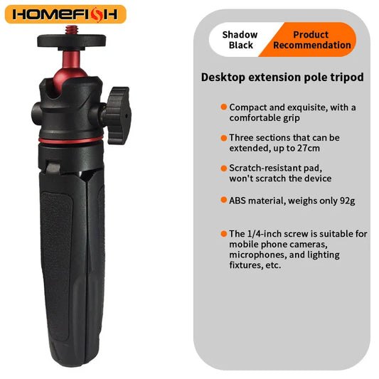 Portable extendable tripod for DSLR cameras, mobile phones, and desktops. Handle for live streaming.