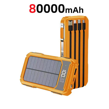 80000mAh Large Capacity Portable Outdoor Solar Mobile Power 4 in 1 Built in Cables LED Digital Display For iPhone Samsung Xiaomi