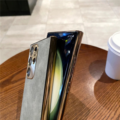 Luxury Plating Matte Suede Leather Case For Samsung Galaxy S25 S24 Ultra S23 S22 Plus Camera Protection Shockproof Bumper Cover
