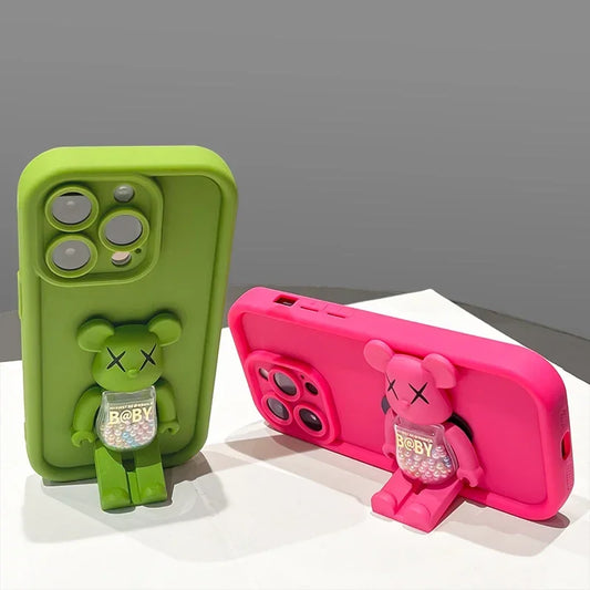 Cute 3D Bear Bracket TPU Phone Case for iPhone 16 15 14 13 12 11 Pro Max XR XS X 8 7 Plus Silicone Shockproof Matte Cover