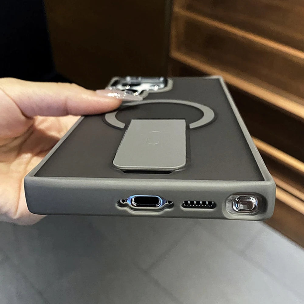 Luxury Magnetic Wireless Charge For Magsafe Case For Samsung Galaxy S25 S23 Ultra S24 Plus FE Folding Stand Holder Matte Cover