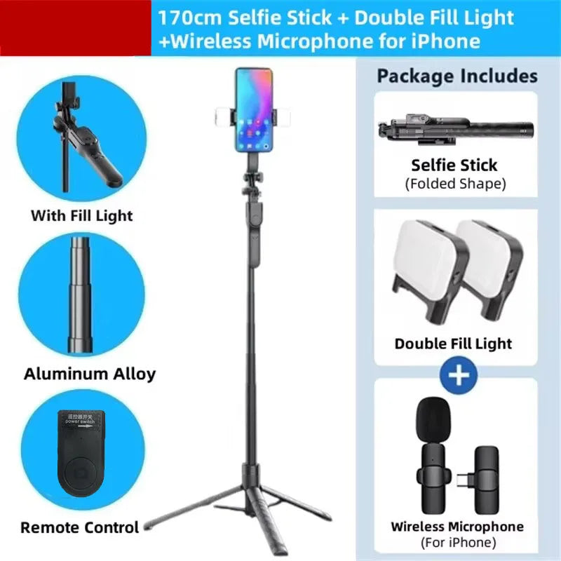 BSLIUFANG 2025 1.7M 360° rotation wireless convenient remote control selfie stick tripod foldable stand with light smartphone