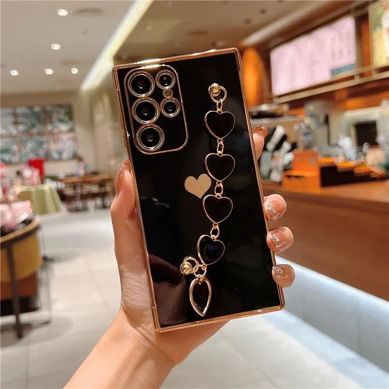 For Samsung Galaxy S23 S22 S21 Ultra A52 A53 FE A54 A23 A12 A 52S 53 54 5G Plated Silicone Love Bracelet Case