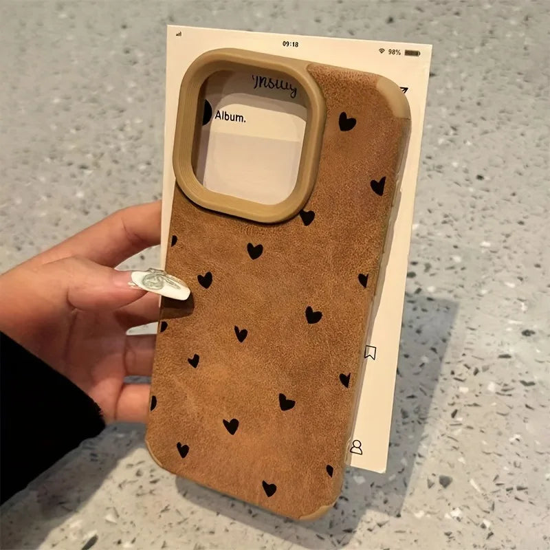 Small Love Heart Luxury Matte Lambskin Faux Leather Phone Case For iPhone 17 16 Pro Max 15 14 13 12 11 XS Max XR X 16 Plus Cover