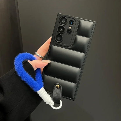 Fashion Down Jacket Lanyard Case for Samsung Galaxy S24 S23 S25 Ultra S22 Plus S21 S20 FE A54 A55 A15 A34 Hand Wrist Strap Cover