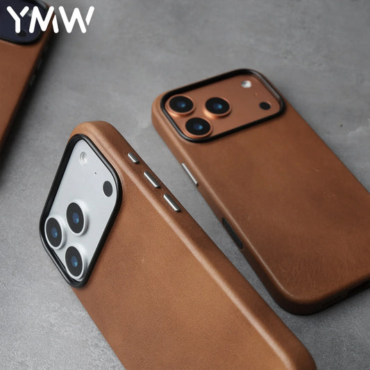 YMW Magnetic Genuine Leather Case for iPhone 17 16 Pro Max 15 14 Personality Horsehide Magnetic Phone Cover