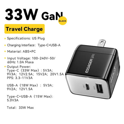Essager GaN 33W USB Charger Fast Charger PD QC 3.0 USB C Charger Quick Charger For iPhone 14 13 Travel Charger for Samsung S21