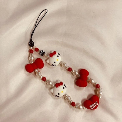 Sanrio Cartoon Hello Kitty Phone Chain Cute Girl Heart Bead String Phone Case Hanging Rope Keychain kawaii pendent Holiday Gifts