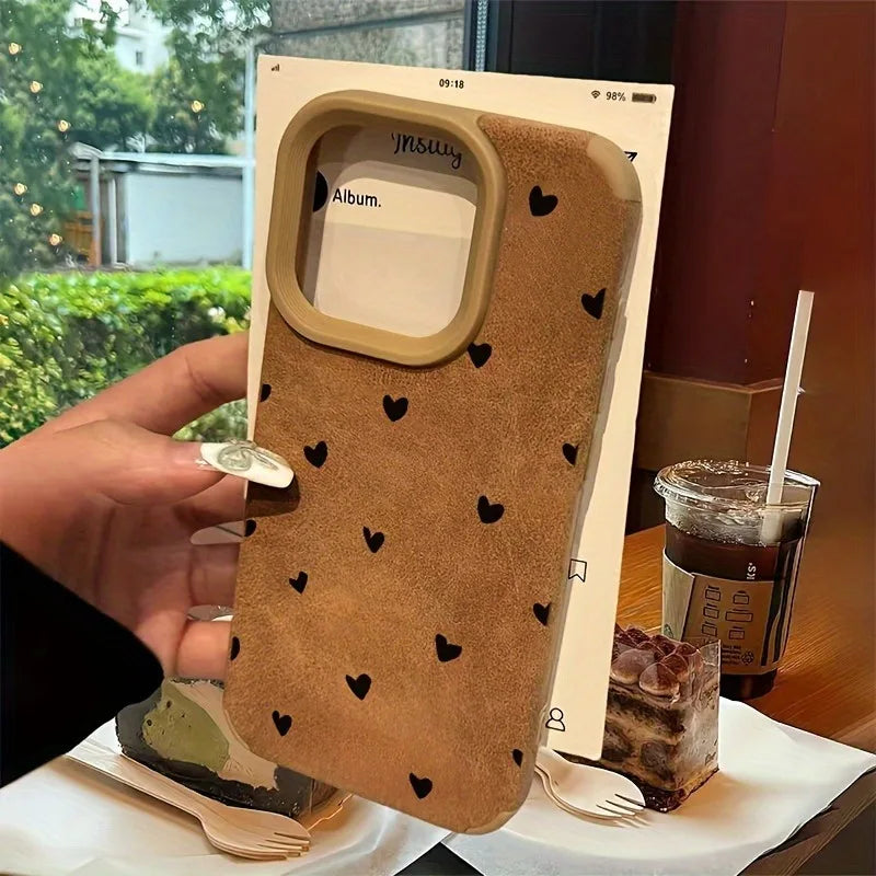 Small Love Heart Luxury Matte Lambskin Faux Leather Phone Case For iPhone 17 16 Pro Max 15 14 13 12 11 XS Max XR X 16 Plus Cover