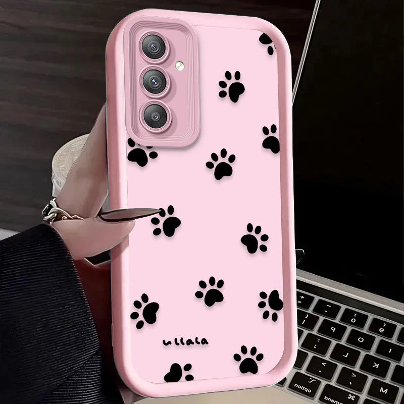 Cute Line Cat Dog Footprint Phone Case For Samsung Galaxy A14 A15 5G S21 S22 S23 S24 5G FE Plus Ultra A25 A35 A52 A53 A54 A55 5G
