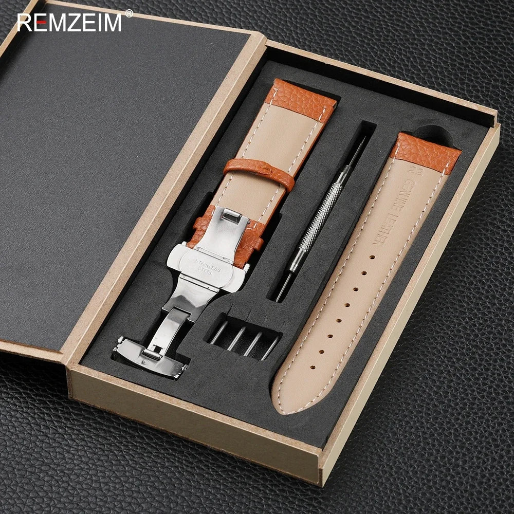 Litchi Pattern Design Leather Wrist Band 18mm 20mm 22mm Men Women Strap with Butterfly Buckle Gift Box Packaging Watchband