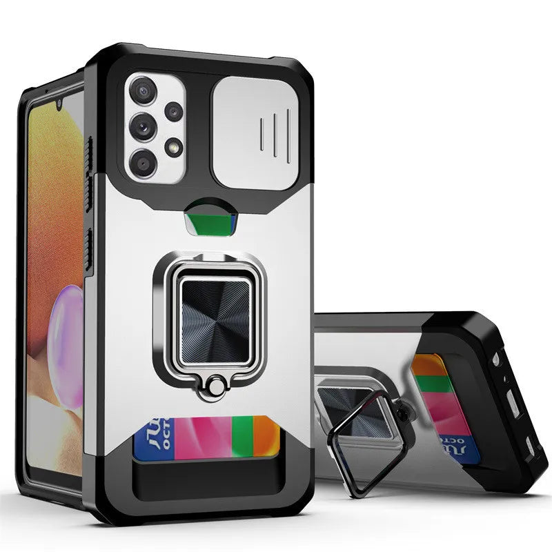 For Samsung S24 S23 S22 Ultra Phone Case Ring Holder Card Insertion Lens Push Window Protection Anti Drop Back Cover